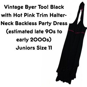 *VINTAGE* (EARLY 2000s) BLACK W/ HOT PINK TRIM HALTER BACK PARTY DRESS SIZE JR11